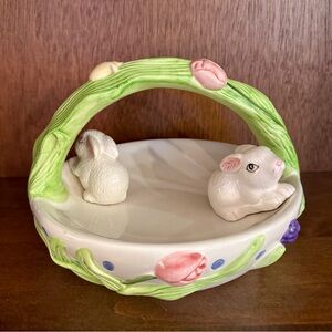 Aspen Promotion 3D Ceramic Bunny Dish with Floral Accents, Easter Basket - 8”
